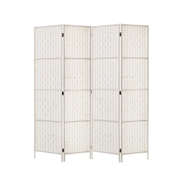 White 4-panel woven paper rope room divider flat front view on white background with silver hinges and white wood feet