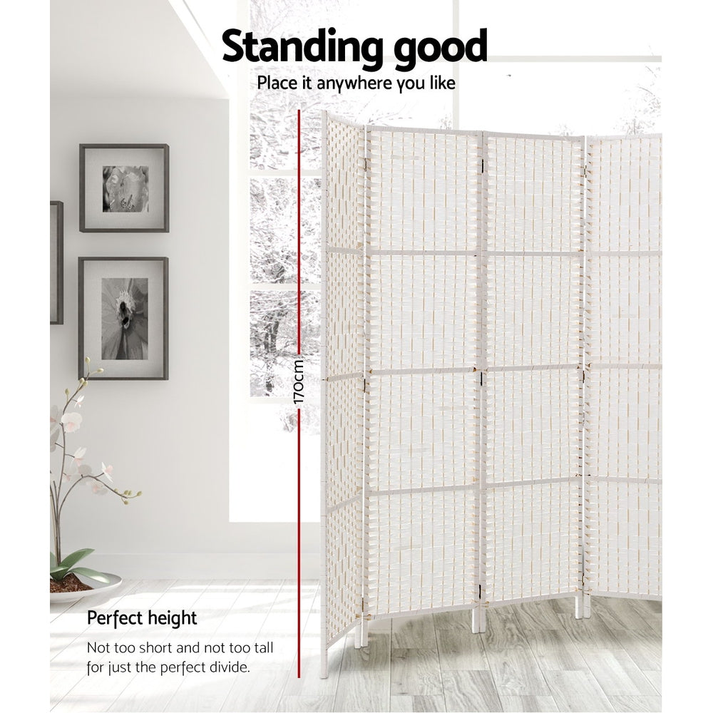 White 4-panel woven paper rope room divider 170cm height infographic in lifestyle room with framed wall photos and orchid