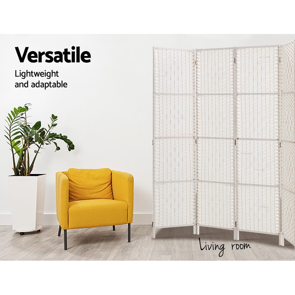 White 4-panel woven paper rope room divider in living room lifestyle with yellow armchair and ZZ plant against white wall
