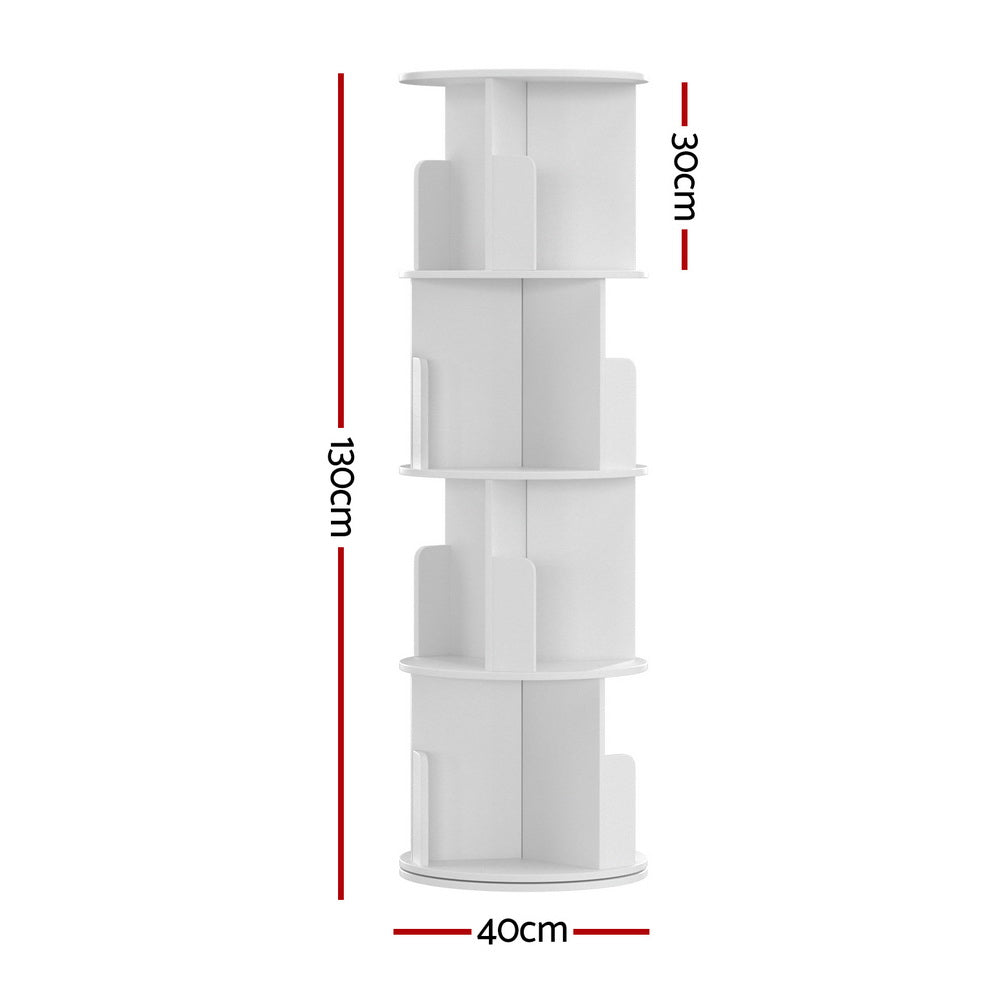 White 4-tier rotating tower shelf dimensions diagram: 40cm diameter, 30cm depth, 130cm tall on white background
