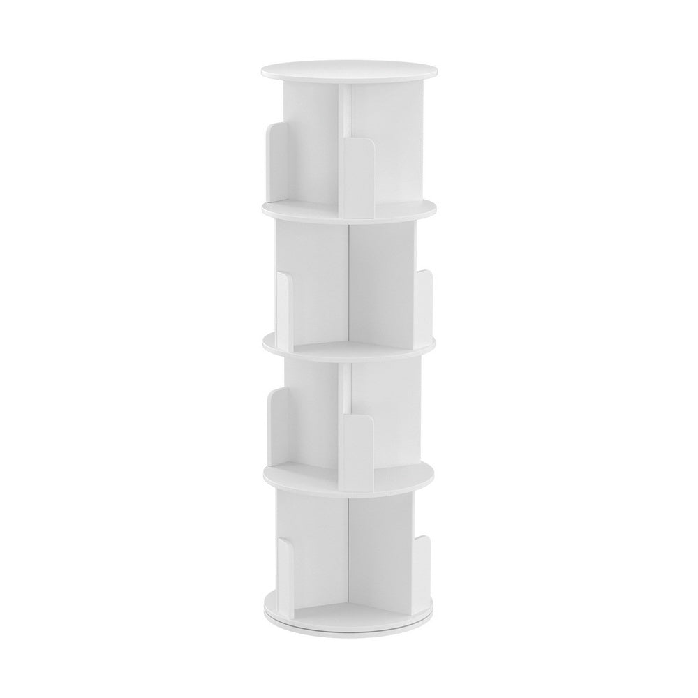White 4-tier rotating tower bookshelf with round shelves and dividers, empty, front view on white background