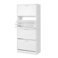 White four-tier flip-out shoe cabinet three-quarter angle second tray open showing flip-out mechanism on white background