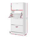 White four-tier shoe cabinet dimensions 60cm wide 160cm tall 30cm deep top section 36cm high tray widths 8.5cm 8cm 14cm 34cm