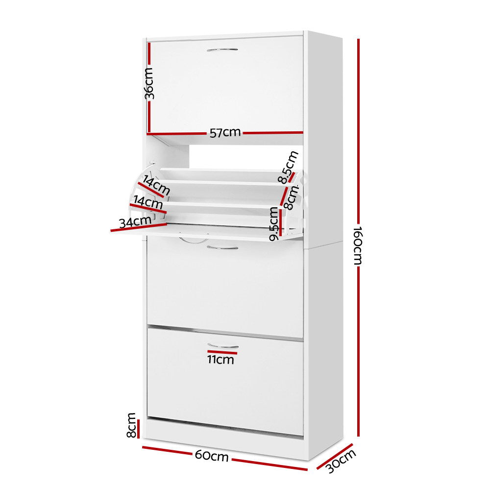 White four-tier shoe cabinet dimensions 60cm wide 160cm tall 30cm deep top section 36cm high tray widths 8.5cm 8cm 14cm 34cm