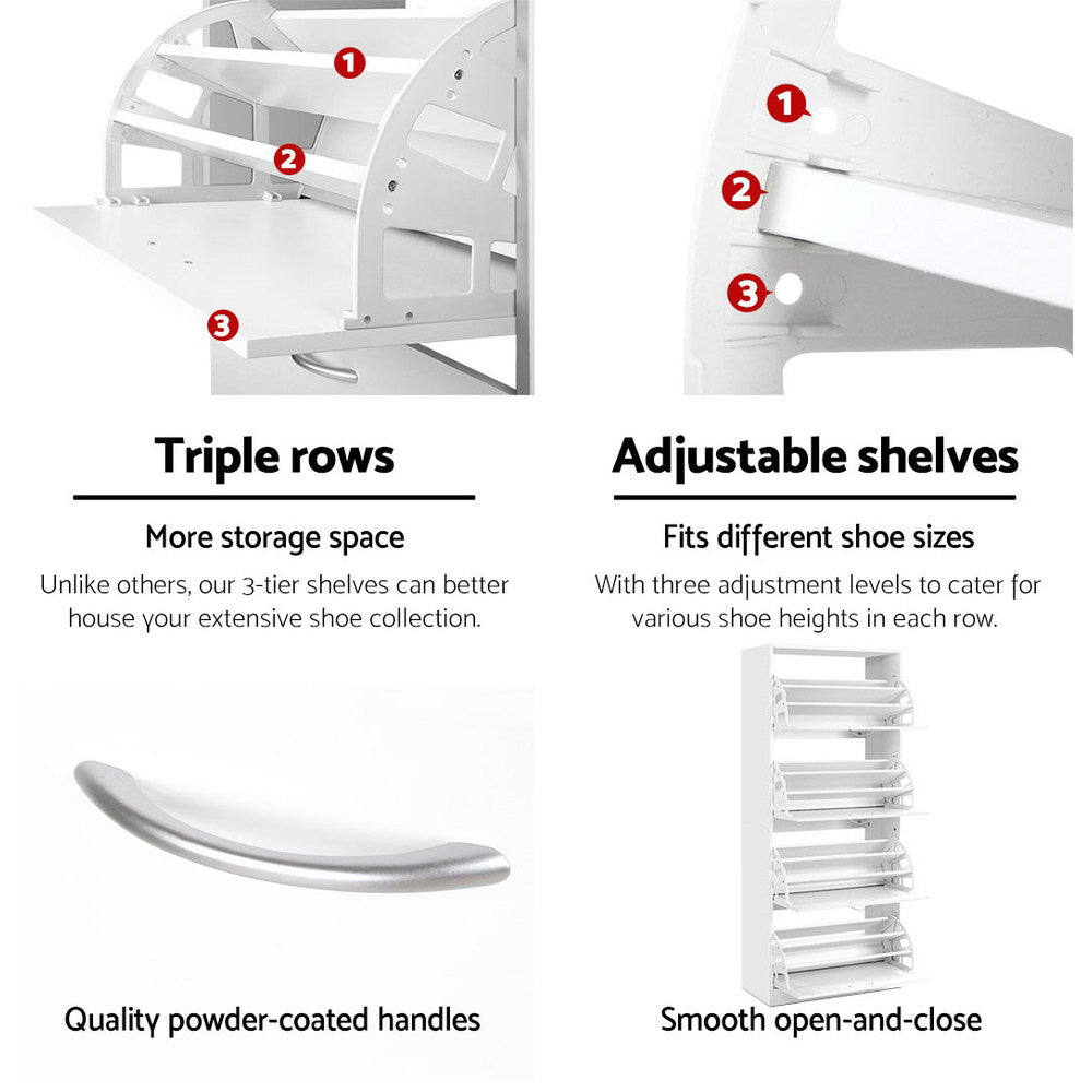 White four-tier shoe cabinet features triple rows adjustable shelves powder-coated handle and smooth open close