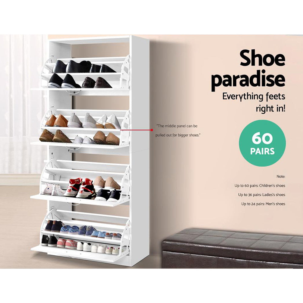 White four-tier shoe cabinet all flip-out trays open loaded with shoes shoe paradise 60 pairs badge middle panel note