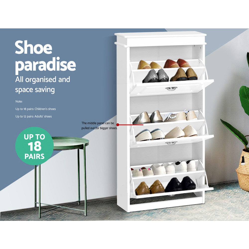 White shoe cabinet all three flip-out trays and top open shelf loaded with shoes shoe paradise up to 18 pairs badge visible