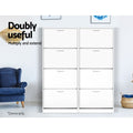 Two white four-tier flip-out shoe cabinets side by side all doors closed doubly useful multiply and extend demo text