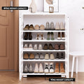 White 5-tier open shoe rack in hallway loaded with shoes showing 40KG top and 10KG leg weight capacity