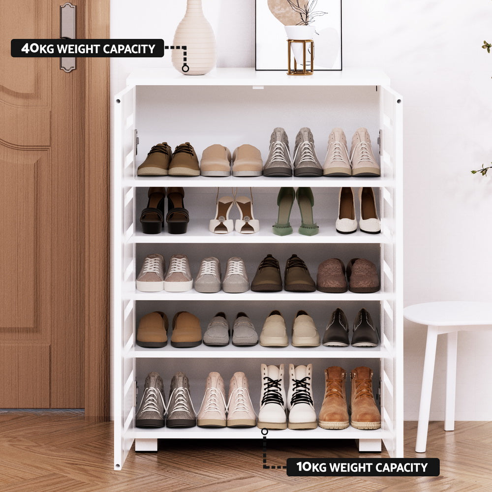White 5-tier open shoe rack in hallway loaded with shoes showing 40KG top and 10KG leg weight capacity