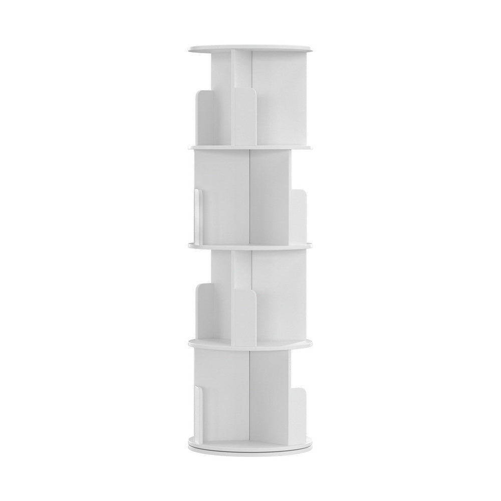White 5-tier rotating tower bookshelf empty, front view on white background