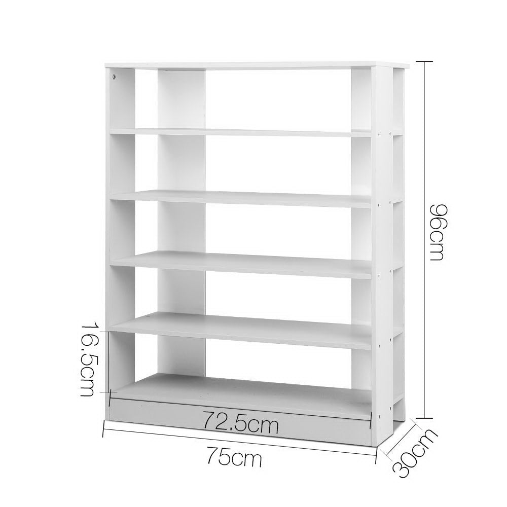 White 5-tier shoe rack dimensions 75cm wide 96cm tall 30cm deep 16.5cm per tier spacing on white background