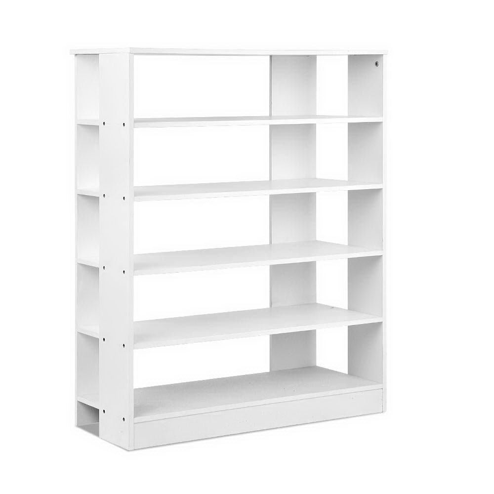 White 5-tier shoe rack loaded with sneakers leather shoes and sequin heels in hallway herringbone floor palm plant and door