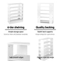 White 5-tier shoe rack features 6-tier shelving quality backing with back supports smooth edges and elegant side angle views