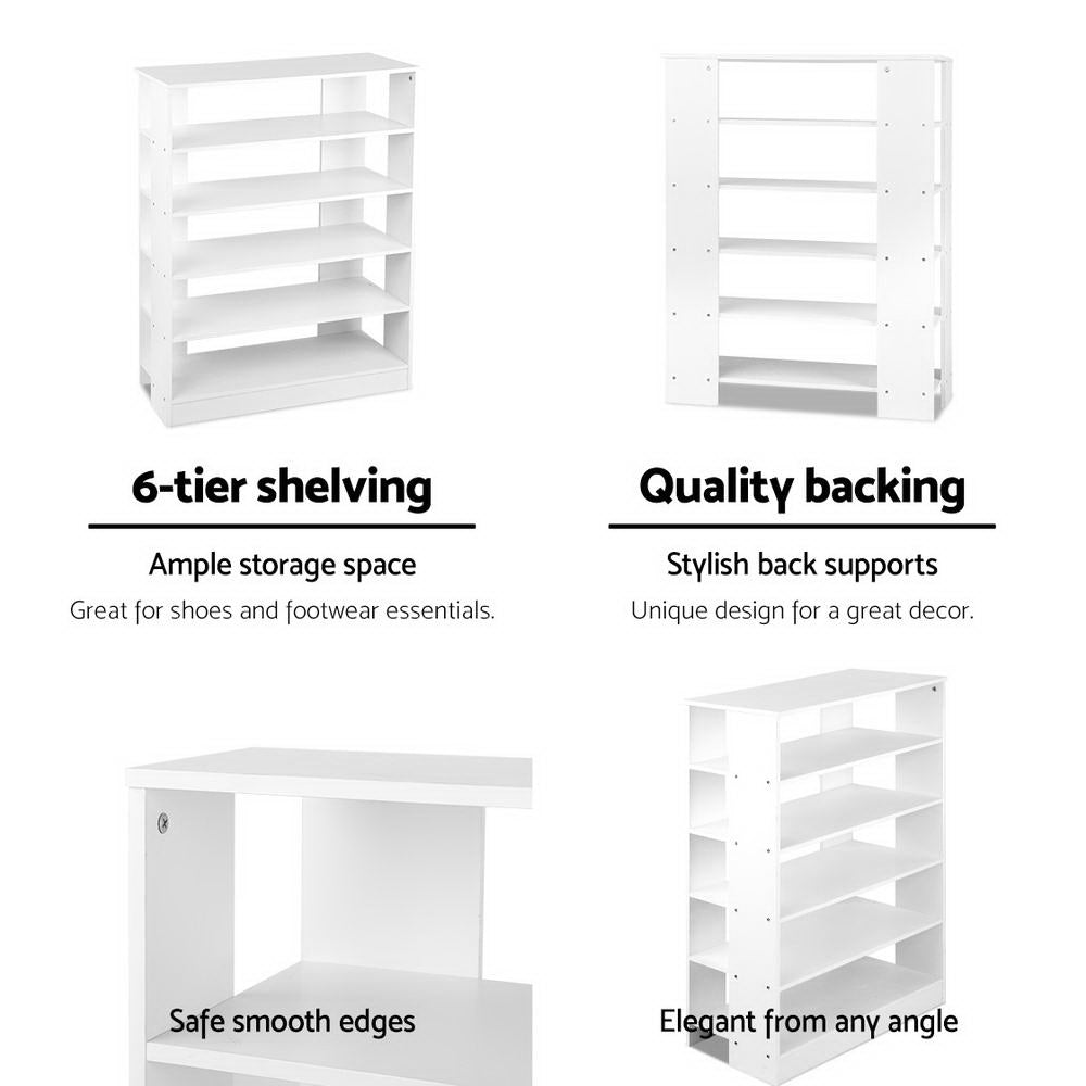 White 5-tier shoe rack features 6-tier shelving quality backing with back supports smooth edges and elegant side angle views