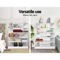 White 5-tier shoe rack versatile use as bookcase in bedroom with books and bags and as shelf in living room with vases