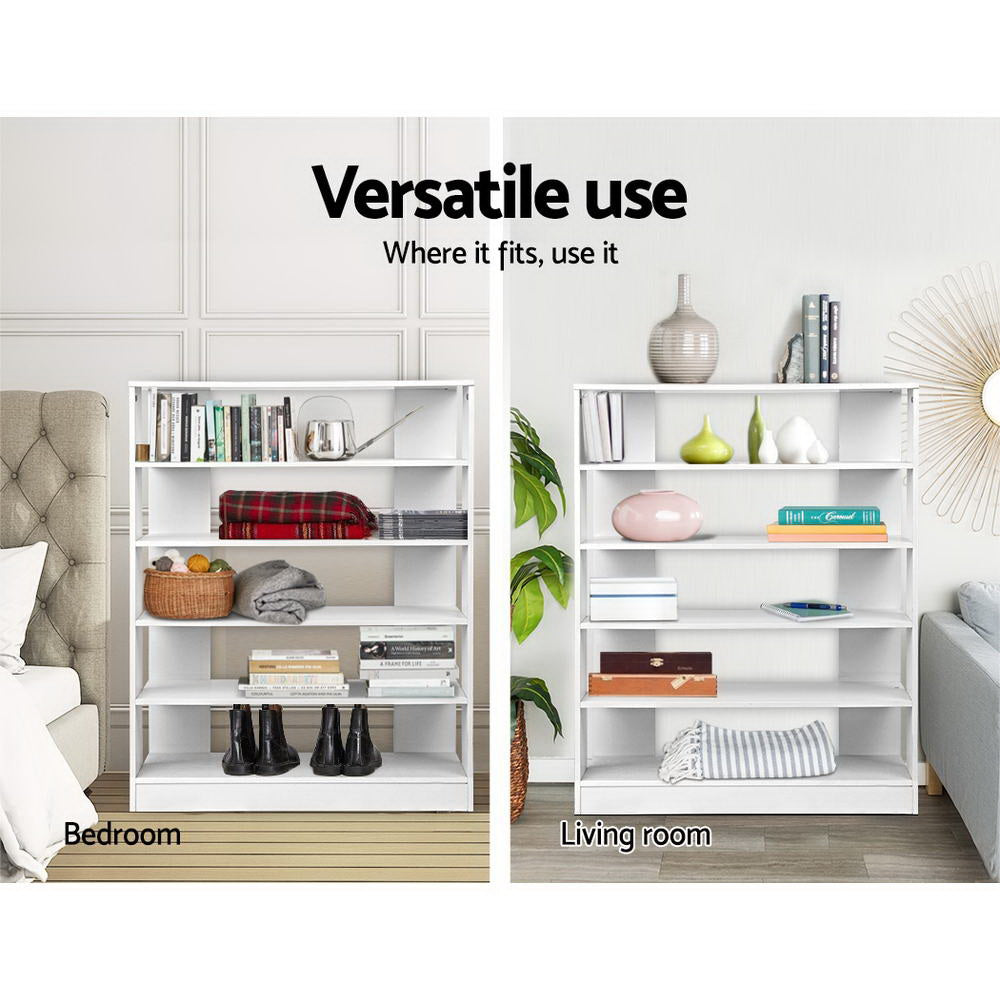 White 5-tier shoe rack versatile use as bookcase in bedroom with books and bags and as shelf in living room with vases
