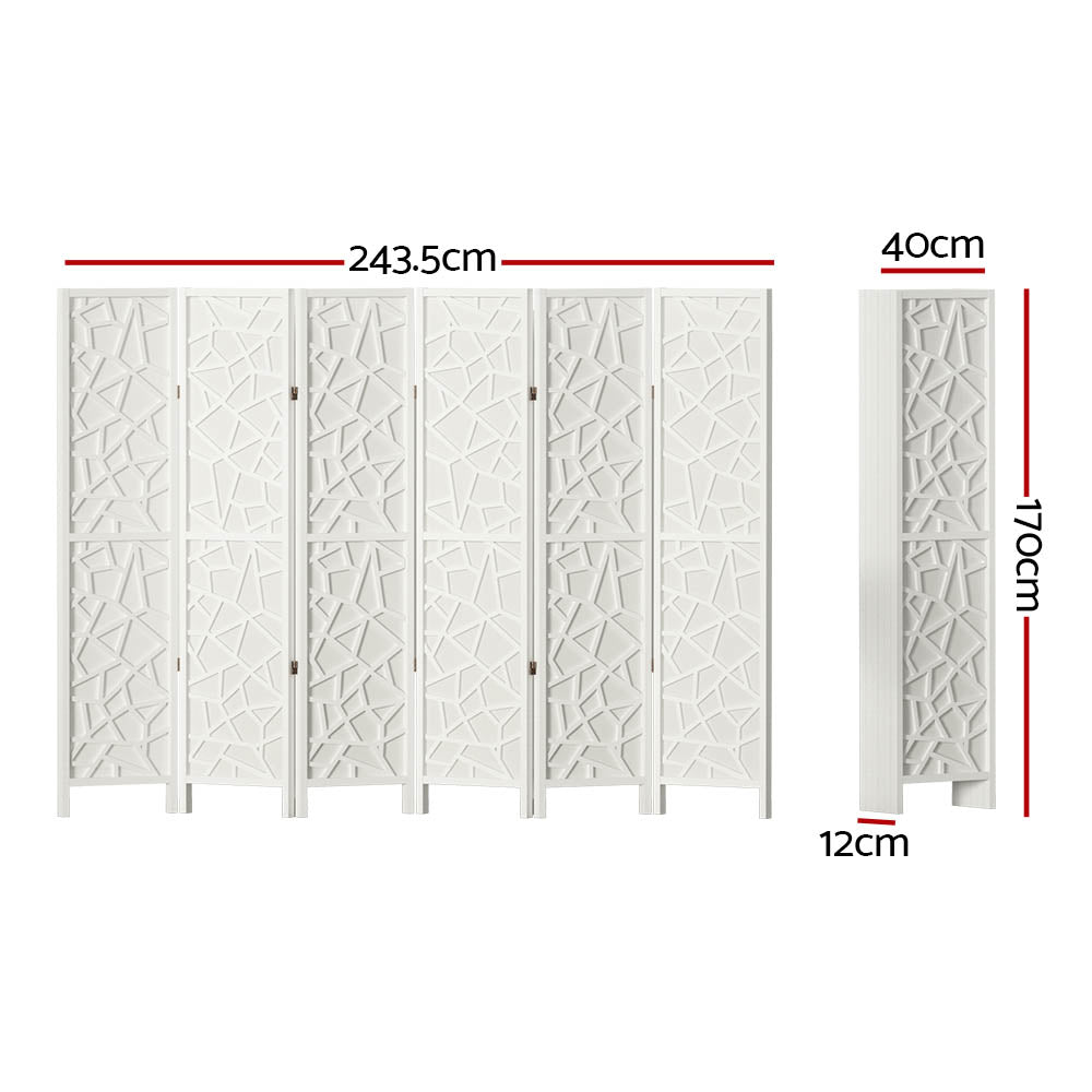White 6-panel geometric room divider dimension diagram 243.5cm wide 170cm tall 40cm depth and 12cm side depth