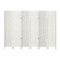 White 6-panel geometric cutout MDF room divider front view on white background with gold hinges and white feet
