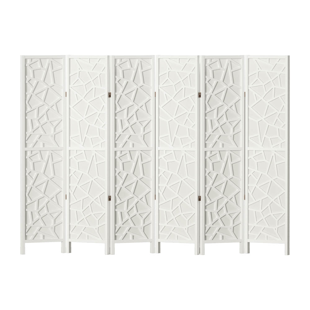 White 6-panel geometric cutout MDF room divider front view on white background with gold hinges and white feet