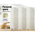 White 6-panel geometric MDF room divider personal space lifestyle with pine bed and two-way gold metal hinges callout
