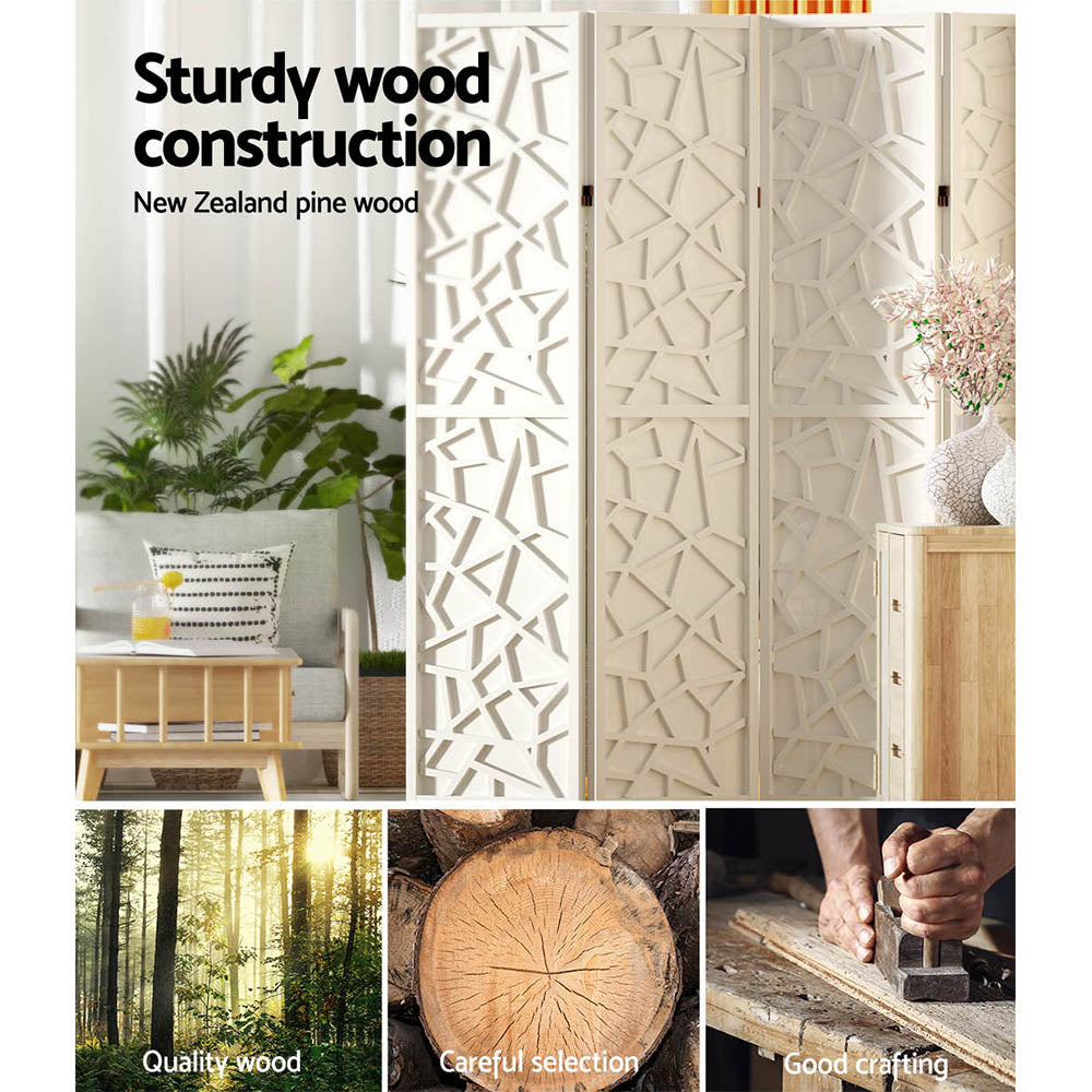 White 6-panel geometric room divider NZ pine construction with quality wood selection and crafting close-ups