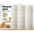 White 6-panel grid pattern shoji room divider in bedroom lifestyle with personal space and two-way gold metal hinges