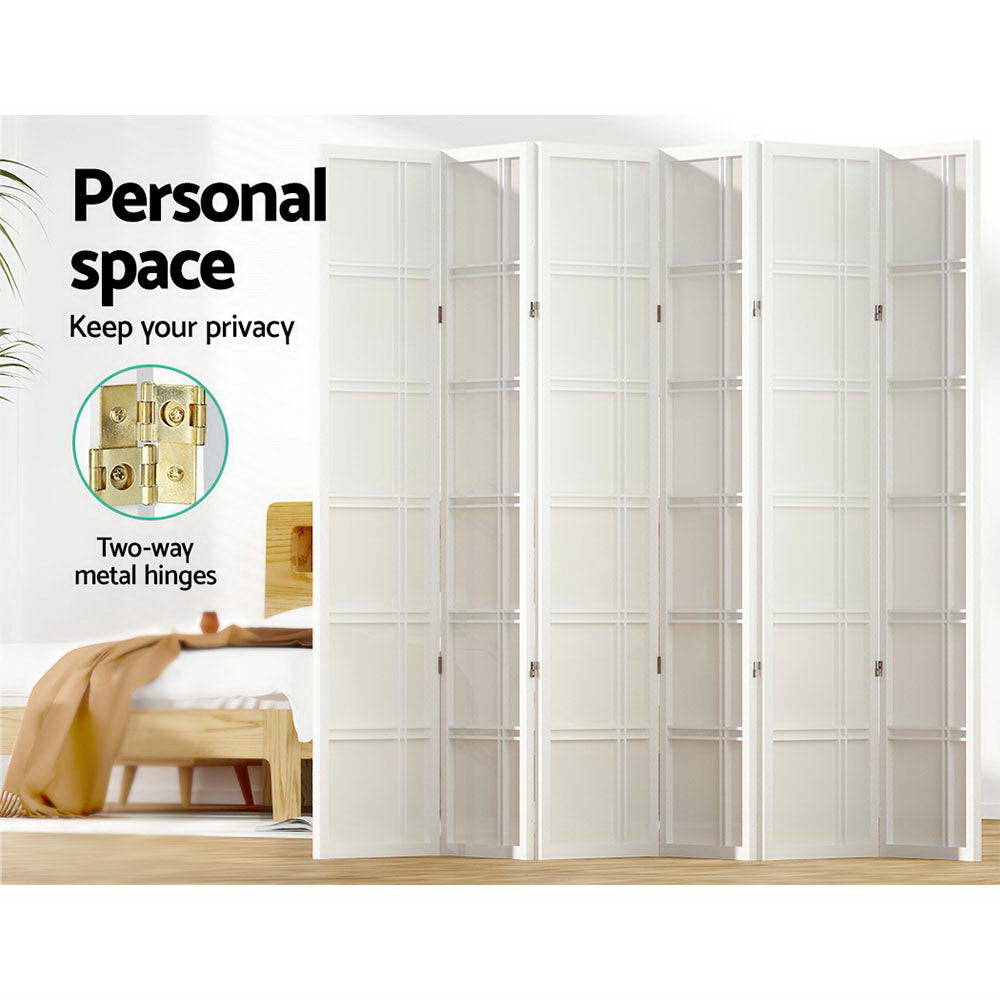 White 6-panel grid pattern shoji room divider in bedroom lifestyle with personal space and two-way gold metal hinges