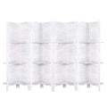 White 6-panel louvered wood room divider with 3-tier built-in shelves flat front view on white background