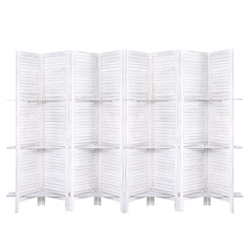 White 6-panel louvered wood room divider with 3-tier built-in shelves flat front view on white background