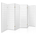 White 6-panel standard square grid shoji room divider angled zigzag view on white background with gold hinges
