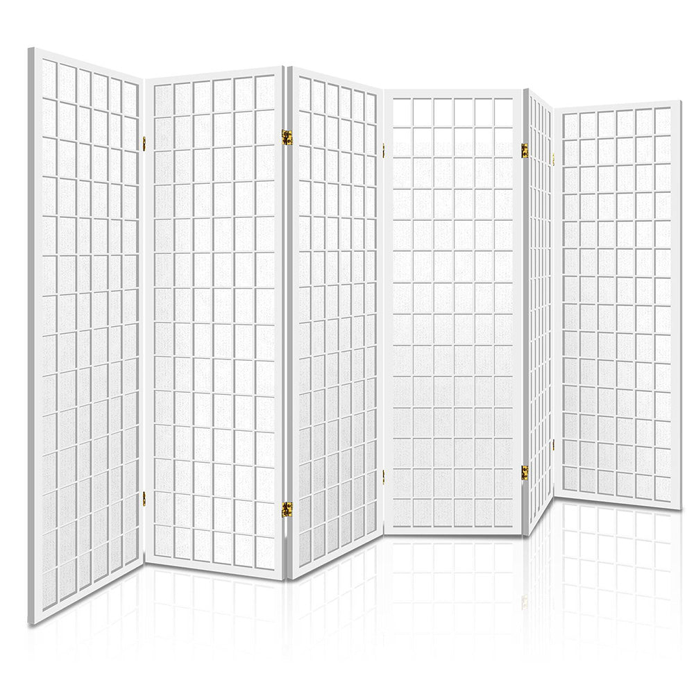 White 6-panel standard square grid shoji room divider angled zigzag view on white background with gold hinges