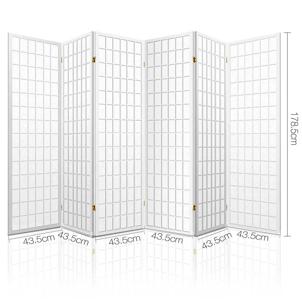 White 6-panel grid shoji room divider angled view dimension diagram 43.5cm panel width and 178.5cm height