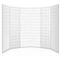 White 6-panel standard square grid shoji room divider arc configuration on white background with gold hinges