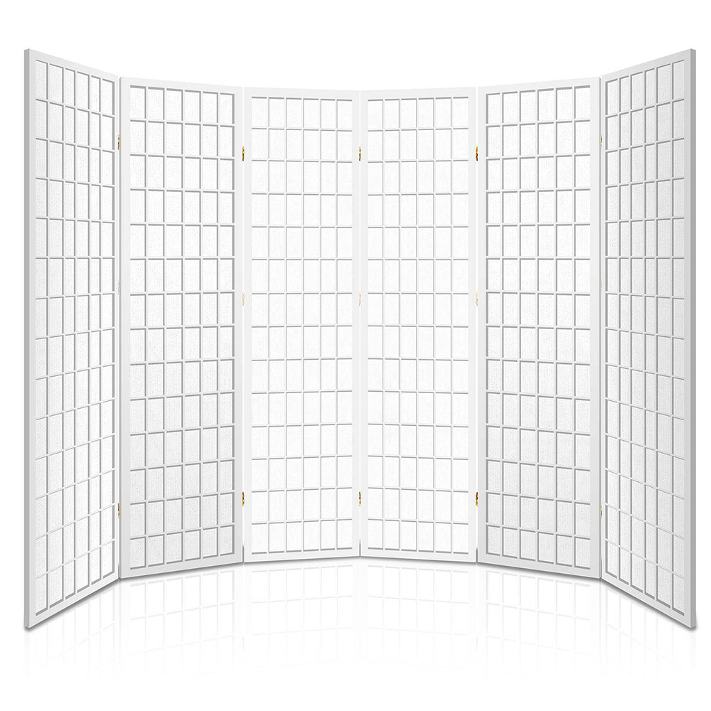 White 6-panel standard square grid shoji room divider arc configuration on white background with gold hinges