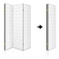 White standard square grid shoji room divider foldable design showing open configuration and compact folded storage