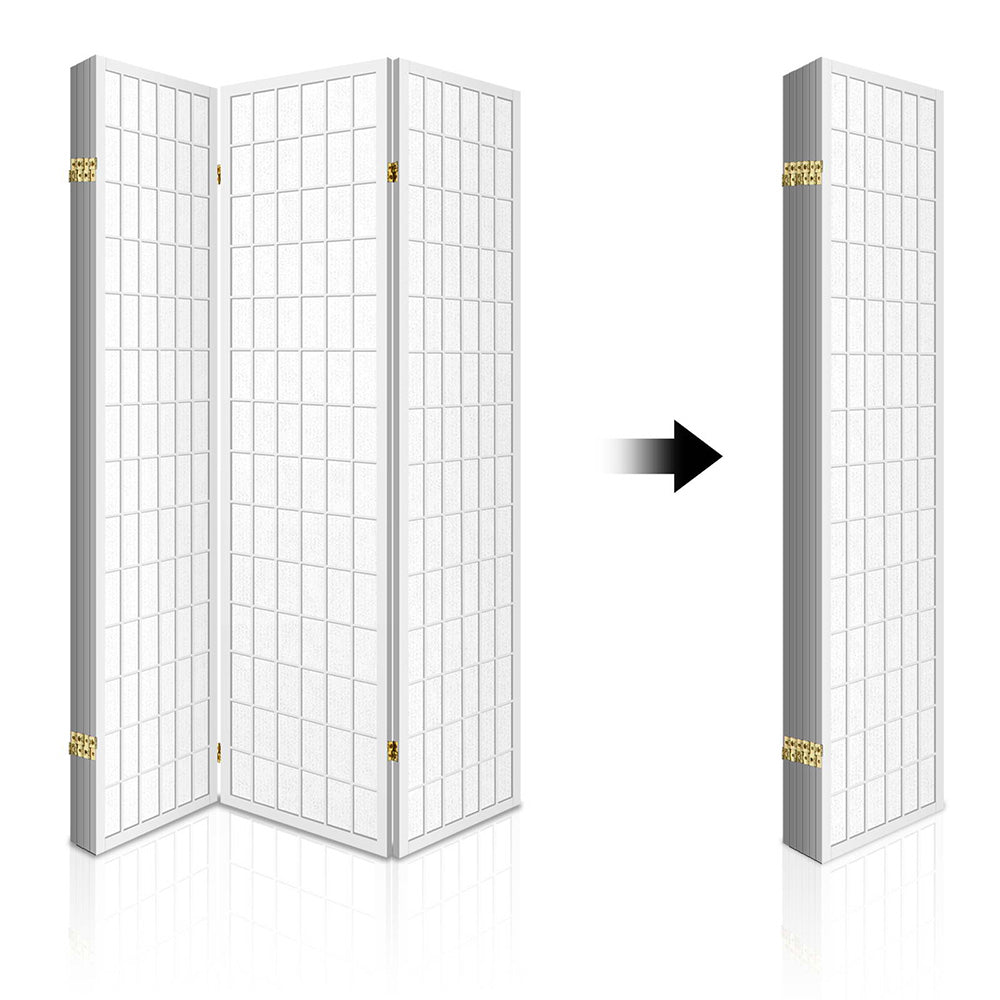 White standard square grid shoji room divider foldable design showing open configuration and compact folded storage