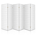 White 6-panel standard square grid shoji room divider front view on white background with gold hinges