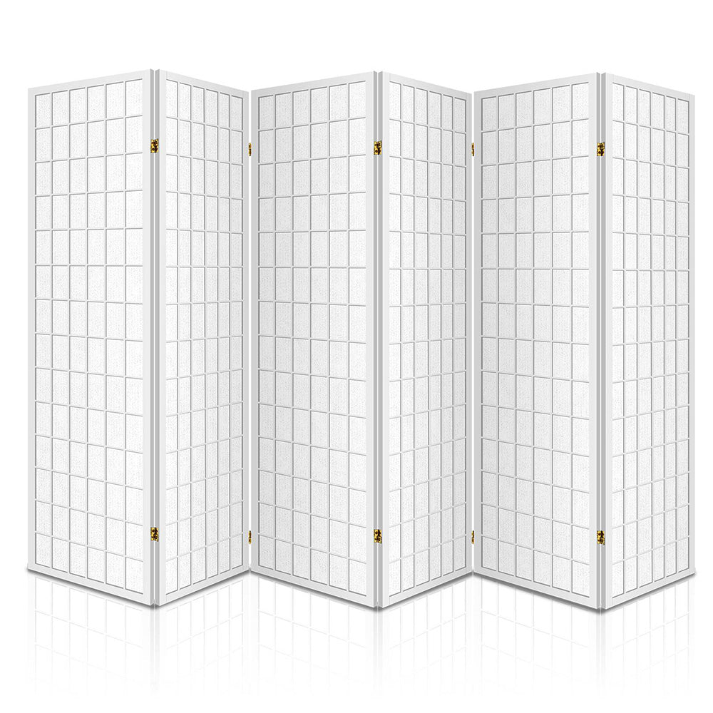 White 6-panel standard square grid shoji room divider front view on white background with gold hinges