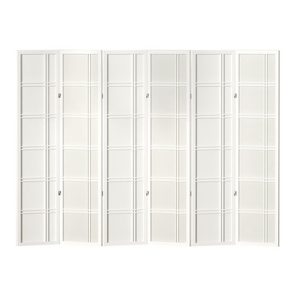 White 6-panel grid shoji room divider angled zigzag view on white background with white frame and non-woven fabric