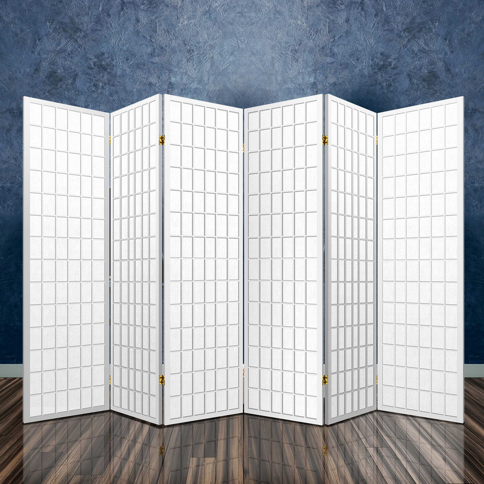 White 6-panel grid shoji room divider in room with dark stone textured wall reflective floor and brass hinges