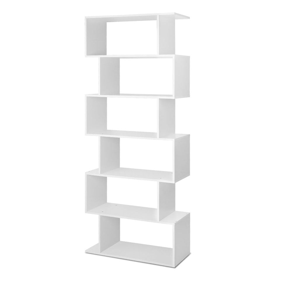 White 6-tier S-shaped zigzag bookcase empty on white background, alternating shelf sides