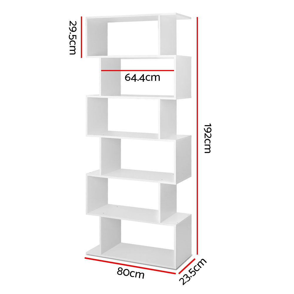 Dimensions diagram of white S-shaped bookcase: 192cm tall, 80cm wide, 23.5cm deep, shelf width 64.4cm