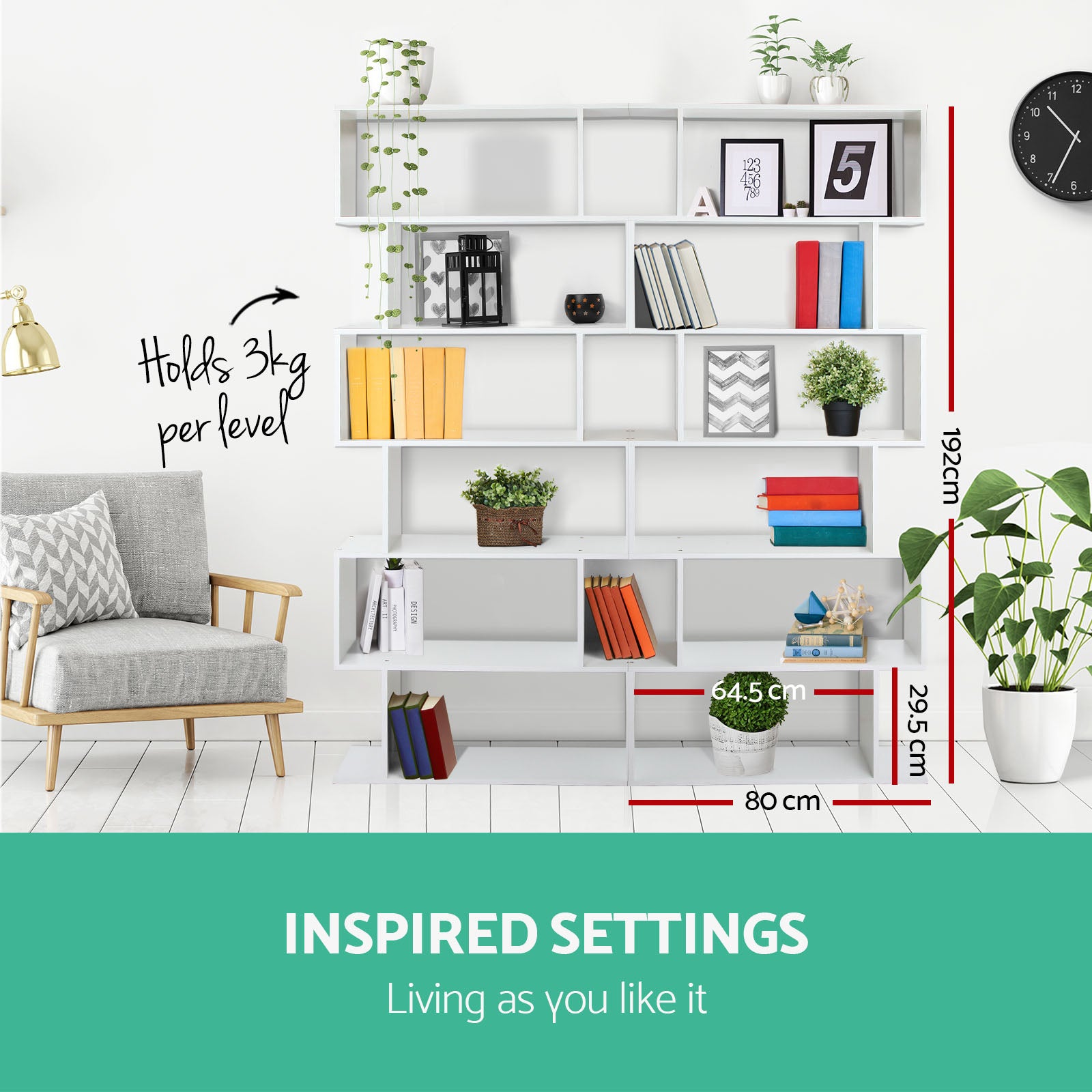 White S-shaped bookcase in living room with dimensions overlay: 192cm tall, 80cm wide, holds 3kg per shelf
