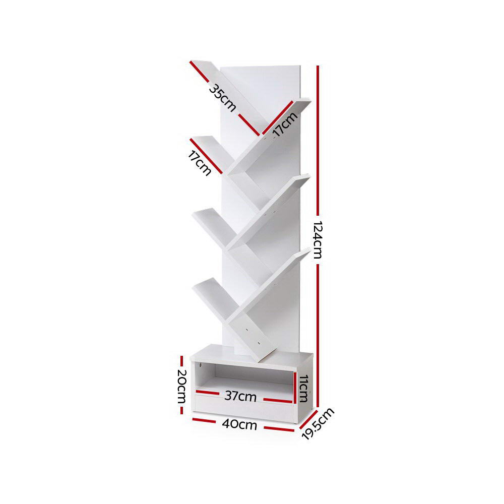 White 7-tier tree bookcase dimensions: 124 cm tall, 40 cm wide, 19.5 cm deep, shelves 35 cm wide; bottom unit 37 cm