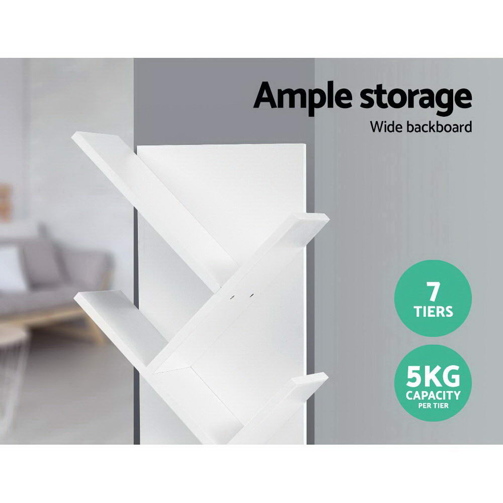 Close-up of white tree bookcase diagonal shelves with text: 7 tiers, 5kg capacity per tier, wide backboard