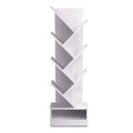 White 7-tier tree bookcase with diagonal chevron shelves and bottom compartment, empty, front view on white background
