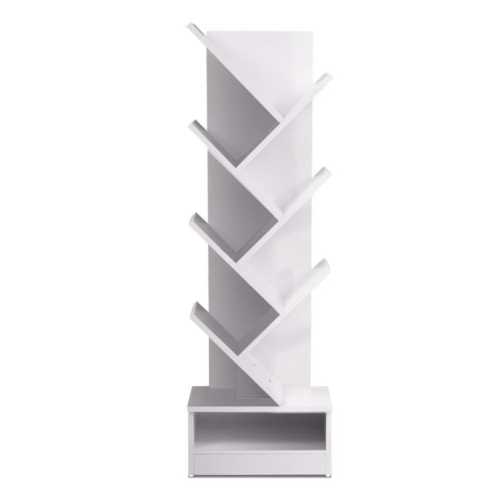 White 7-tier tree bookcase with diagonal chevron shelves and bottom compartment, empty, front view on white background