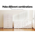 White 8-cube modular shoe cabinet shown in two configurations tall 2-column and wide 4-column arrangement in room setting