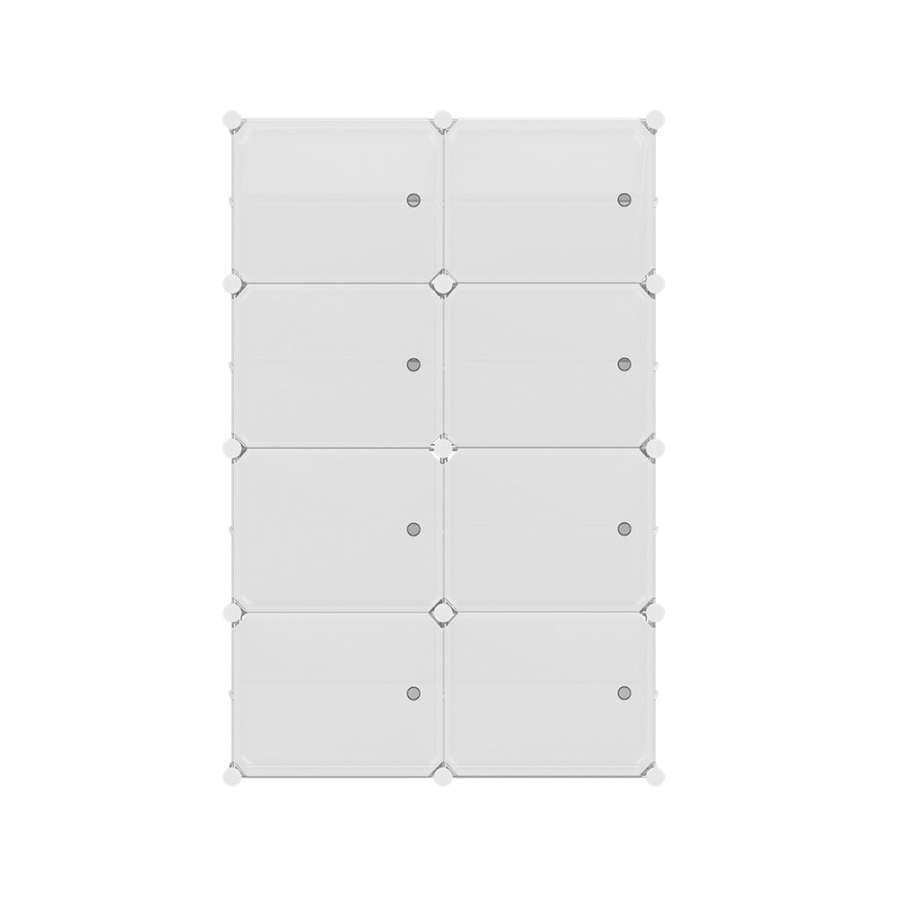 White 8-cube modular shoe cabinet with all eight doors closed front view on white background